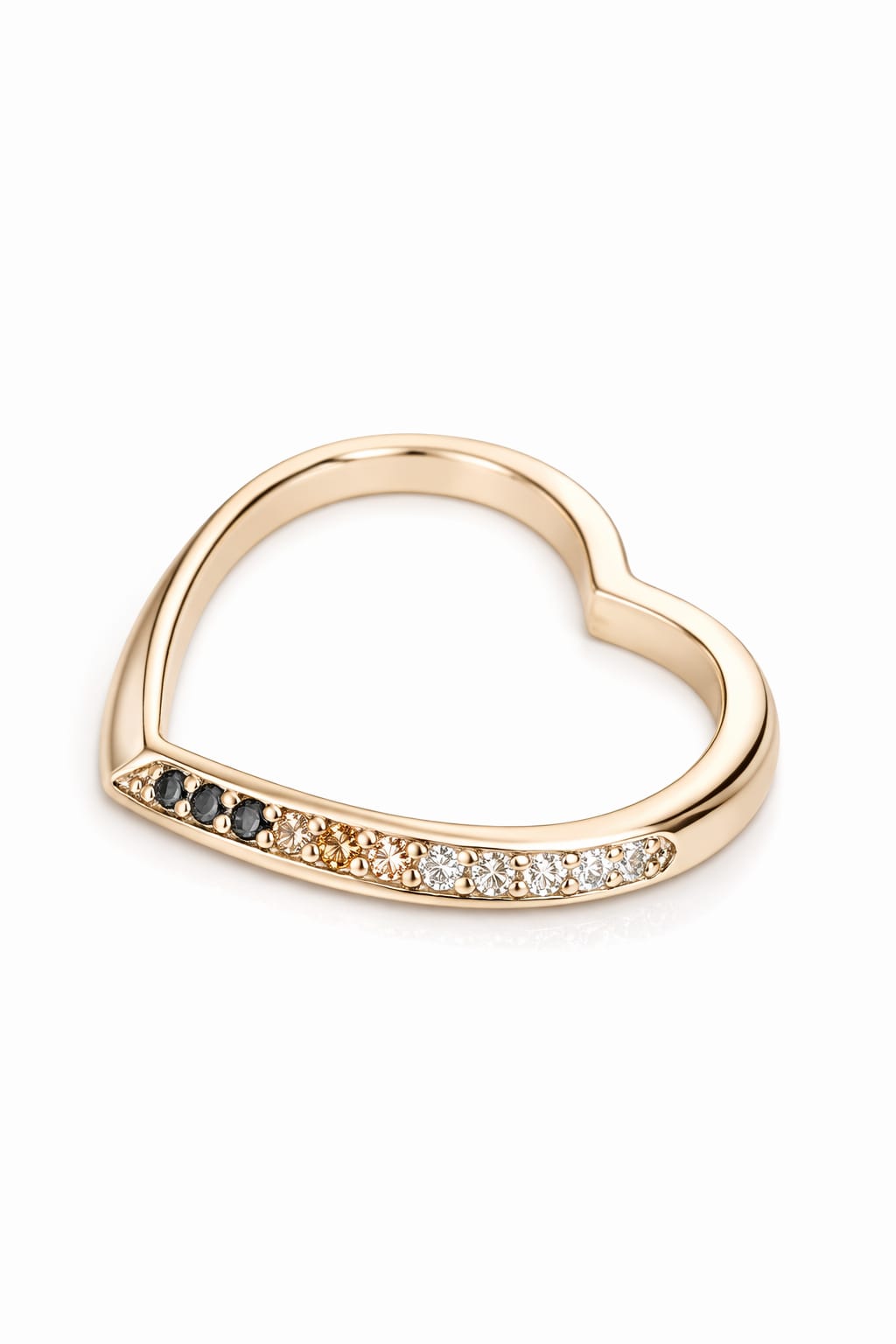 Anello Cuore in oro champagne con diamanti naturali neri, brown e bianchi